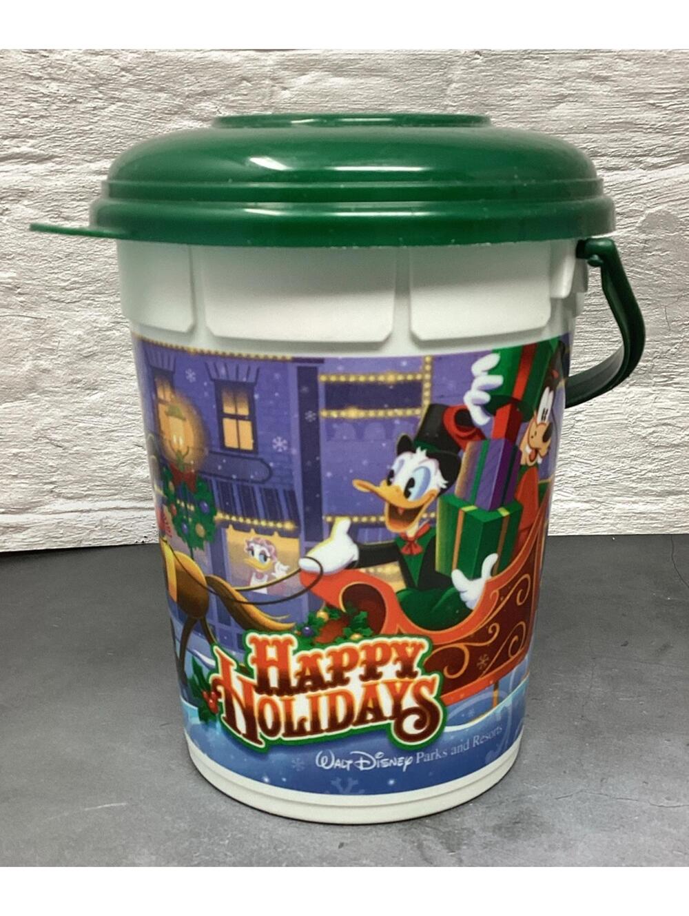Disney Parks 7.5" Happy Holidays Christmas Whirley Popcorn Bucket with Green Lid